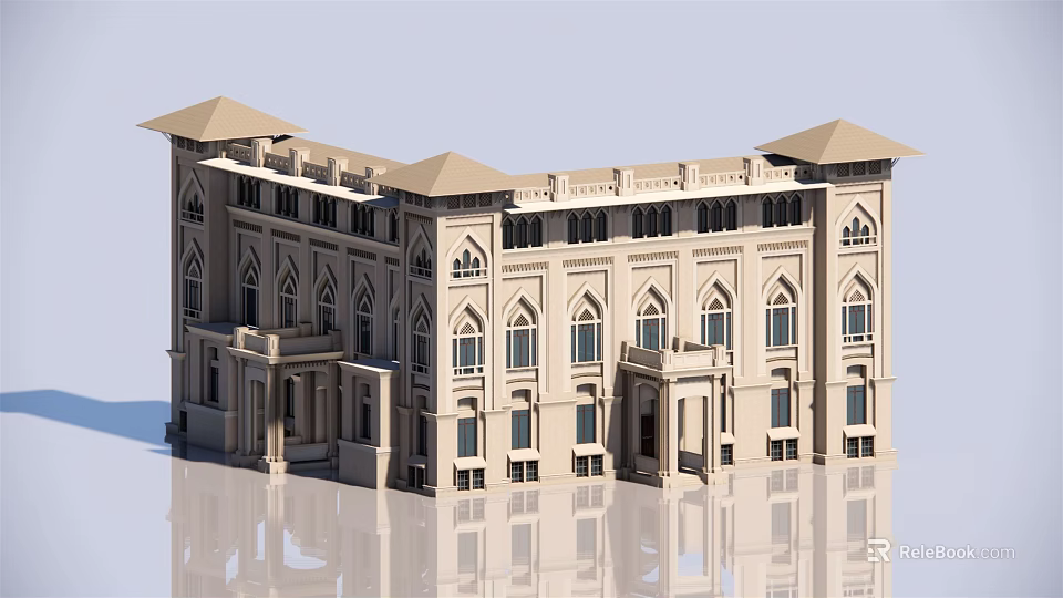 Classical Multi Story Building Design With Symmetrical Gabled Roofs And Arched Windows 3d model 