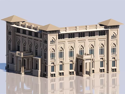Classical Multi Story Building Design With Symmetrical Gabled Roofs And Arched Windows 3d model