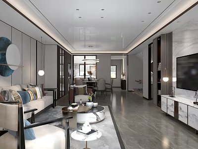 Modern Living And Dining Room Interior With Sofa Coffee Table TV And Dining Set 3d model