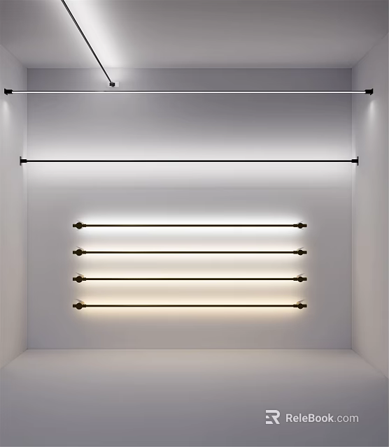 Minimalist White Interior With Horizontal Metal Hanging Rods And Lighting 3d model 