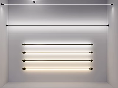 Minimalist White Interior With Horizontal Metal Hanging Rods And Lighting 3d model