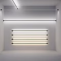 Minimalist White Interior With Horizontal Metal Hanging Rods And Lighting