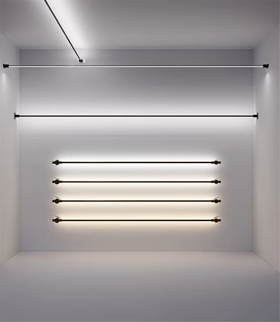 Minimalist White Interior With Horizontal Metal Hanging Rods And Lighting 3d model