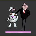 Man in black suit and red tie holding white rabbit toy standing on pink platform