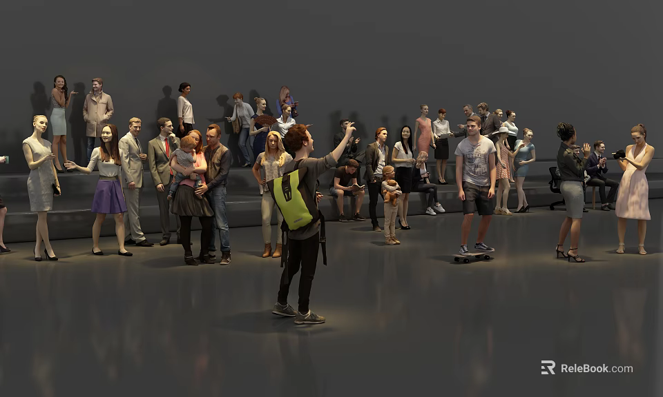 Group of People Gathered in Gray Indoor Space Standing Sitting Taking Photos and on Scooter 3d model 