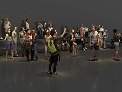 Group of People Gathered in Gray Indoor Space Standing Sitting Taking Photos and on Scooter 3d model