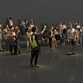 Group of People Gathered in Gray Indoor Space Standing Sitting Taking Photos and on Scooter