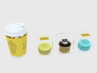 Bright Yellow Cup With White Lid Straw And Transparent Boxes Holding Colorful Macarons 3d model