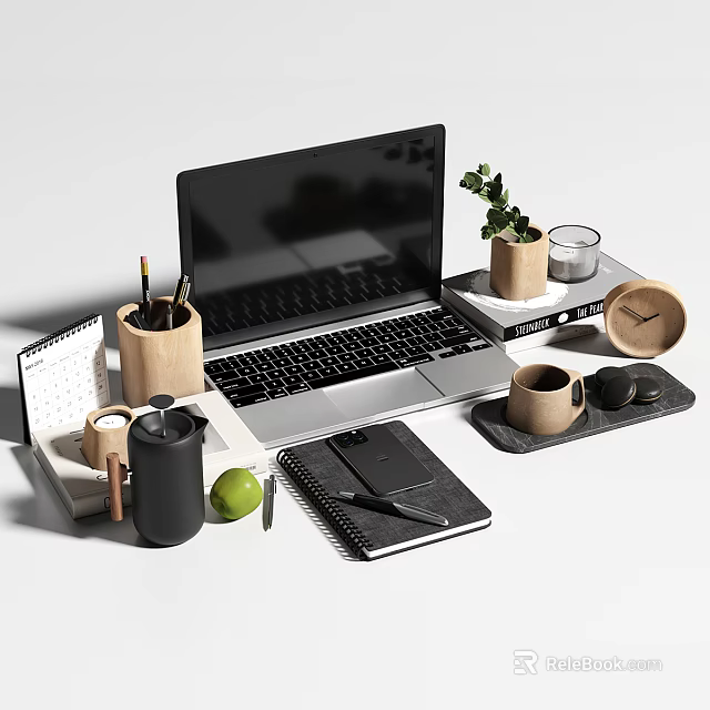 Modern Desktop Workspace With Laptop Notebook Calendar Pens Green Plant Mug And Clock 3d model 