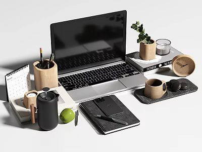 Modern Desktop Workspace With Laptop Notebook Calendar Pens Green Plant Mug And Clock 3d model