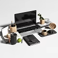 Modern Desktop Workspace With Laptop Notebook Calendar Pens Green Plant Mug And Clock