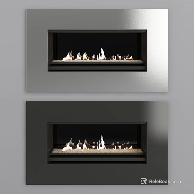 Modern Gray And Black Fireplace Design With Flame Effect And Decorative Stones 3d model 