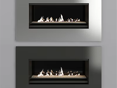 Modern Gray And Black Fireplace Design With Flame Effect And Decorative Stones 3d model