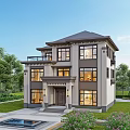 Two Story Modern Detached Villa With Large Glass Windows And Landscaped Garden
