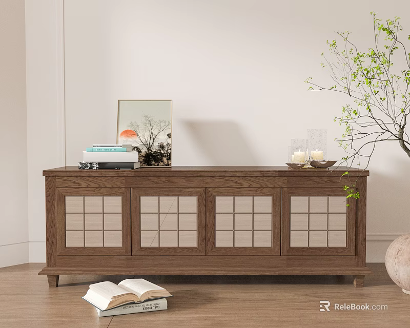 Modern Wooden TV Stand with Glass Panel Doors and Decorative Painting Near Books and Potted Plant 3d model 