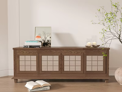 Modern Wooden TV Stand with Glass Panel Doors and Decorative Painting Near Books and Potted Plant 3d model