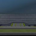 Modern Office Building Exterior Design With Striped Facade Central Entrance Green Lawn And Parking Area