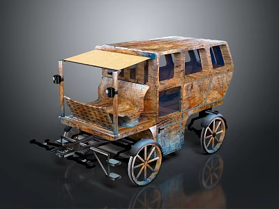 Vintage Wooden Four Wheeled Vehicle With Canvas Canopy And Spoked Wheels Retro Design 3d model
