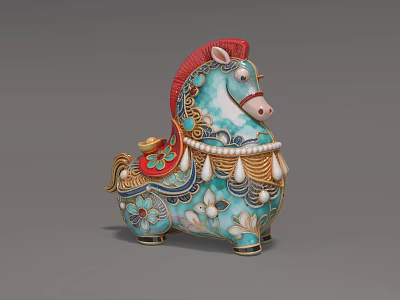 Turquoise And Red Decorative Horse Shaped Sculpture With Intricate Patterns And Gold Tassels 3d model