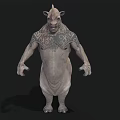 Artistic Standing Rhino Figure With Intricate Tattoo Patterns On Muscular Body