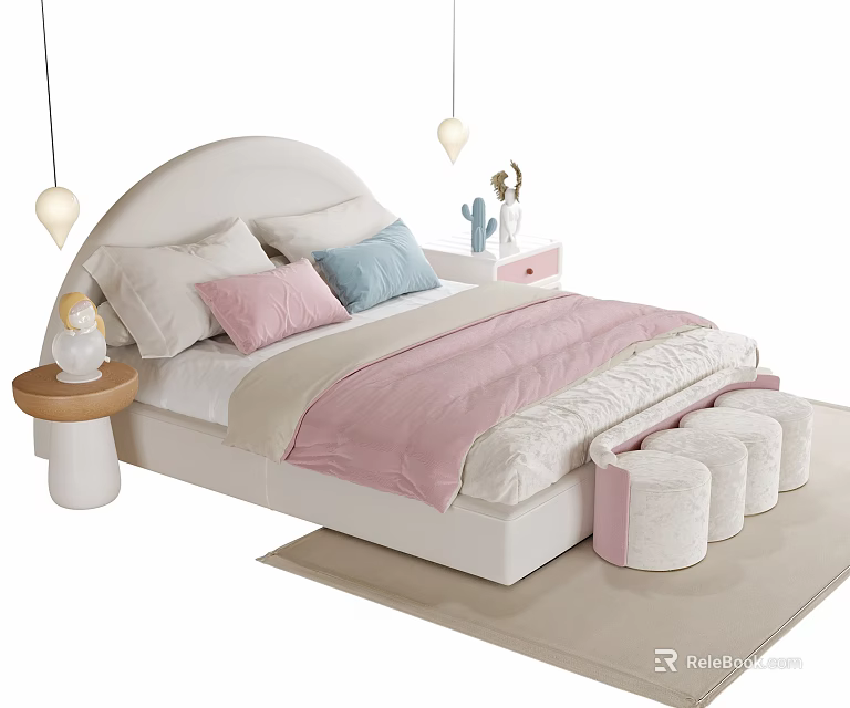 Kids Room Interior Design with Curved Headboard Bed Colorful Pillows and Footstools 3d model 