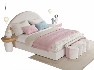 Kids Room Interior Design with Curved Headboard Bed Colorful Pillows and Footstools 3d model