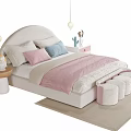 Kids Room Interior Design with Curved Headboard Bed Colorful Pillows and Footstools