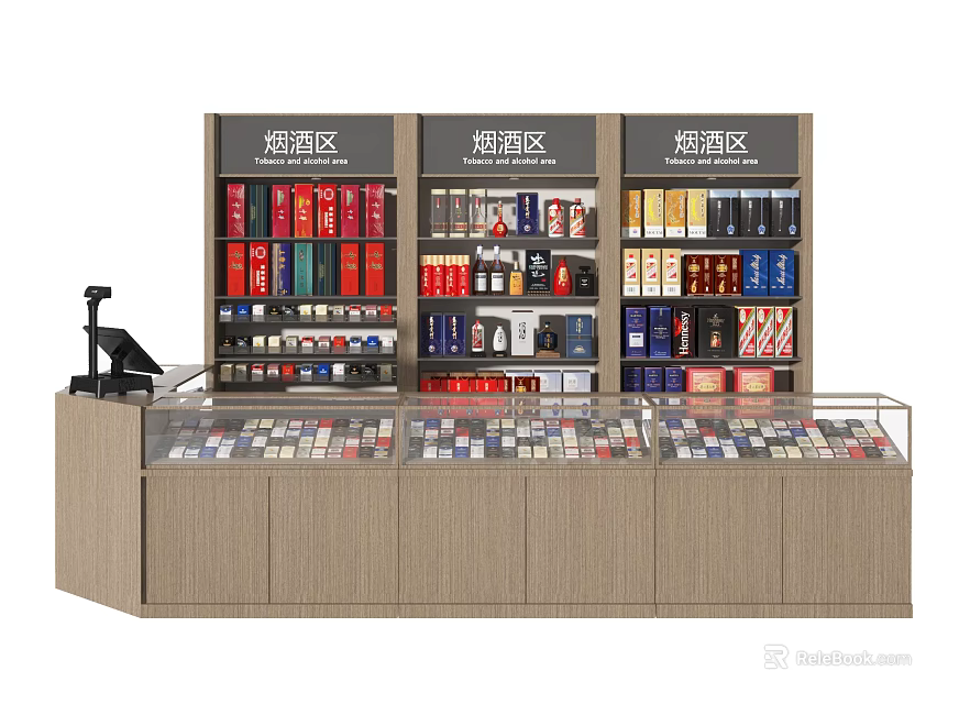 Retail Store Alcohol Tobacco Display Shelves with Glass Showcase and Organized Product Arrangement 3d model 