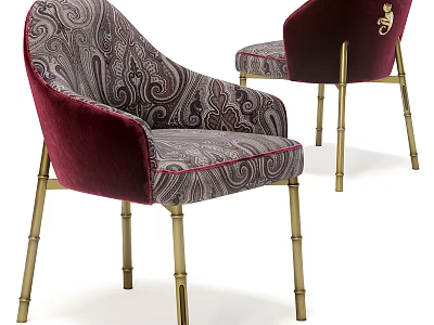 Elegant Dining Chairs With Paisley Pattern Velvet Upholstery And Golden Bamboo Legs 3d model