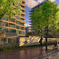 Modern Building Facade With Green Trees Pedestrian Walkway And Urban Street View