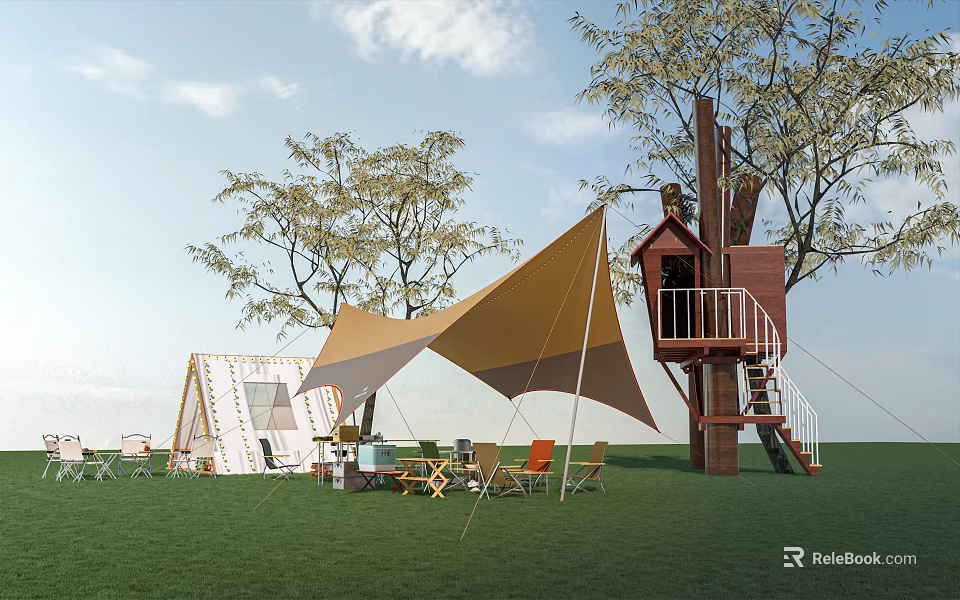 Scenic Outdoor Campsite With Tent Tree House Grass Tables And Chairs 3d model 