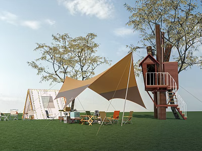 Scenic Outdoor Campsite With Tent Tree House Grass Tables And Chairs 3d model