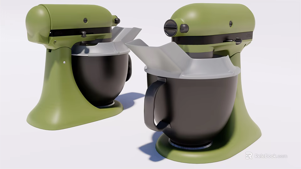 Green Kitchen Stand Mixers With Two Black Mixing Bowls And White Attachments 3d model 