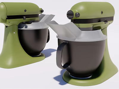 Green Kitchen Stand Mixers With Two Black Mixing Bowls And White Attachments 3d model
