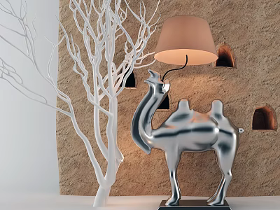 Silver Camel Shaped Floor Lamp With White Tree Branch Decoration And Earthen Wall 3d model