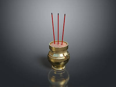 Golden Decorative Incense Burner With Three Red Incense Sticks On Dark Background 3d model
