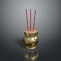 Golden Decorative Incense Burner With Three Red Incense Sticks On Dark Background