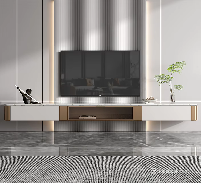 Modern TV Stand with White and Gold Design TV Screen Potted Plant and Storage Compartments 3d model 