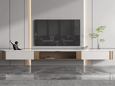 Modern TV Stand with White and Gold Design TV Screen Potted Plant and Storage Compartments 3d model