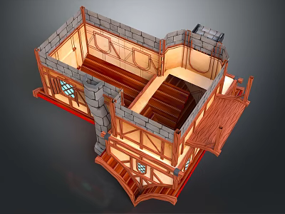 Cartoon 3D Medieval Cottage Interior With Stone Walls Wooden Stairs And Illuminated Windows 3d model