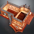 Cartoon 3D Medieval Cottage Interior With Stone Walls Wooden Stairs And Illuminated Windows