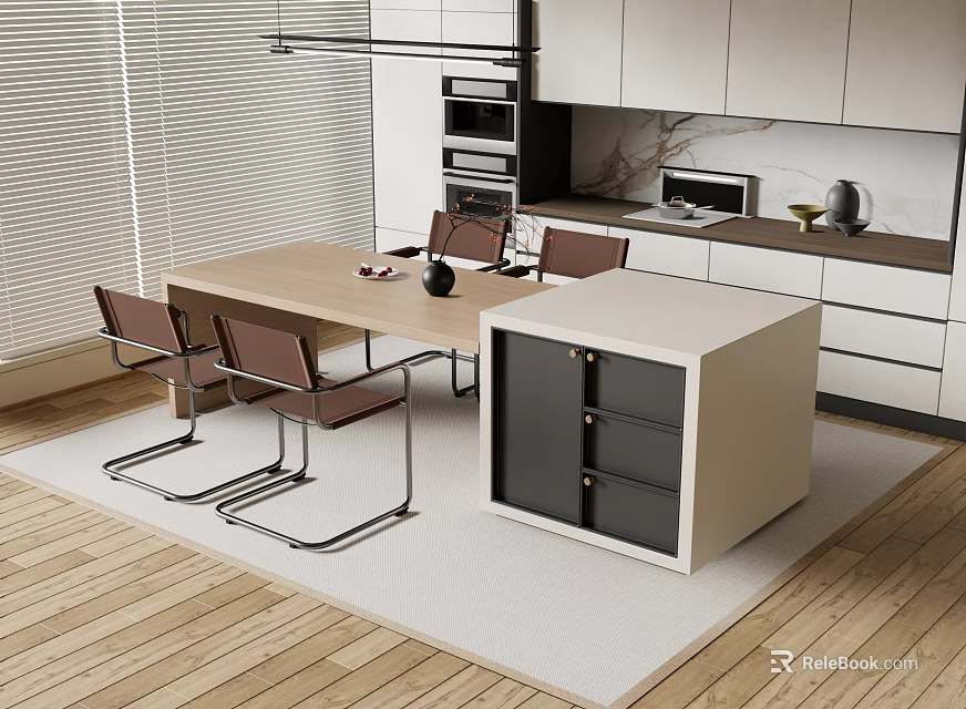 Modern Bar Counter In Open Kitchen With Wooden Top Dining Chairs And Cabinets 3d model 