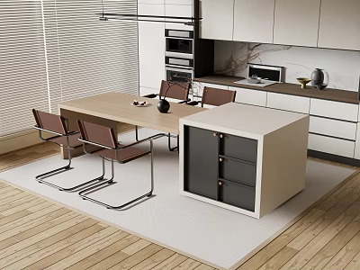 Modern Bar Counter In Open Kitchen With Wooden Top Dining Chairs And Cabinets 3d model