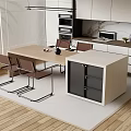 Modern Bar Counter In Open Kitchen With Wooden Top Dining Chairs And Cabinets