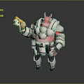 Pink Horned Fantasy Character In Heavy Armor Holding Futuristic Gun With Mechanical Details