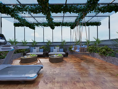 Luxury Villa Balcony With Glass Roof Green Vines Treadmill Sofa Plants And Wooden Floor 3d model