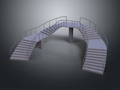 Symmetrical Modern Curved Staircase with Metal Railings Stone Steps and Supporting Pillar 3d model