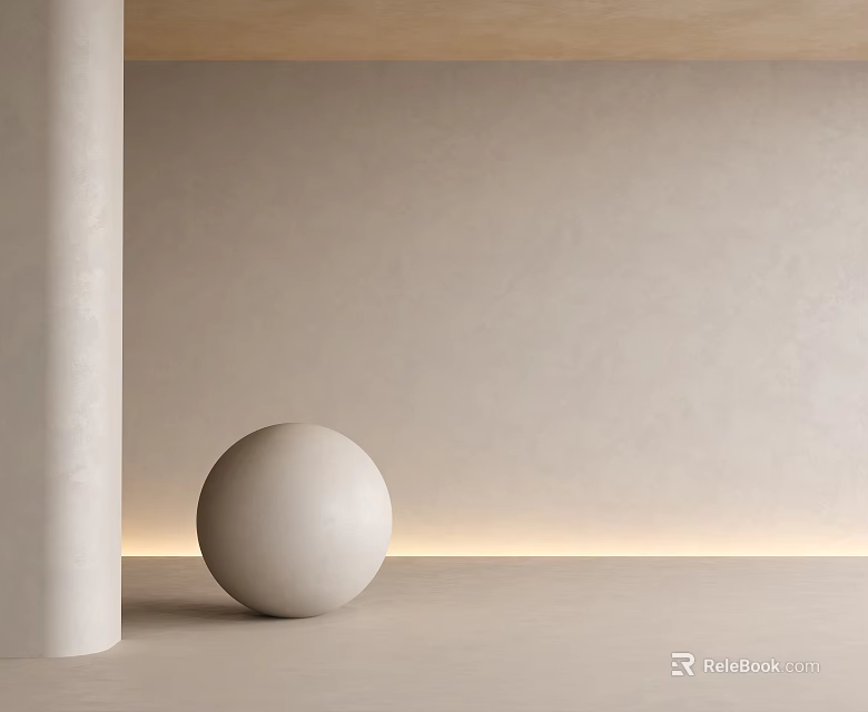 Minimalist Interior With White Sphere Cylindrical Column Light Colored Wall And Soft Lighting 3d model 