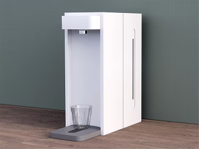 White Household Water Dispenser with Transparent Glass on Tray Against Green Wall and Wooden Floor 3d model