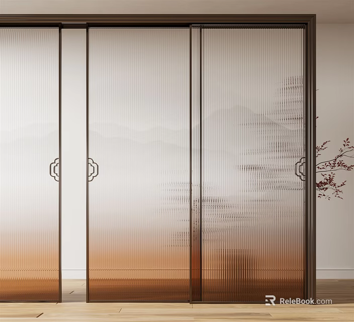 Modern Frosted Glass Sliding Door With Wooden Frame For Home Interior Design 3d model 